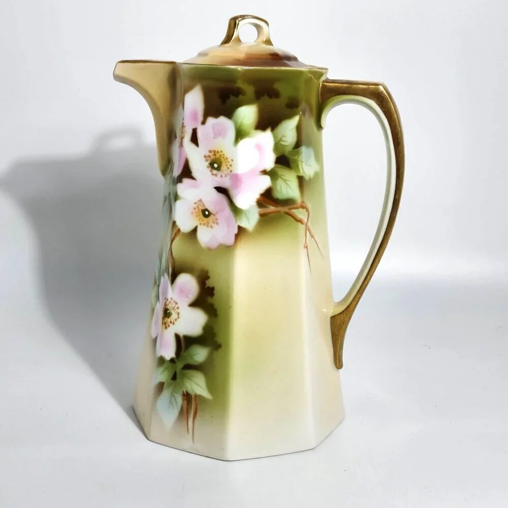 Antique Weimar Hand-Painted Porcelain Coffee Pot With Floral Design Gold Accents